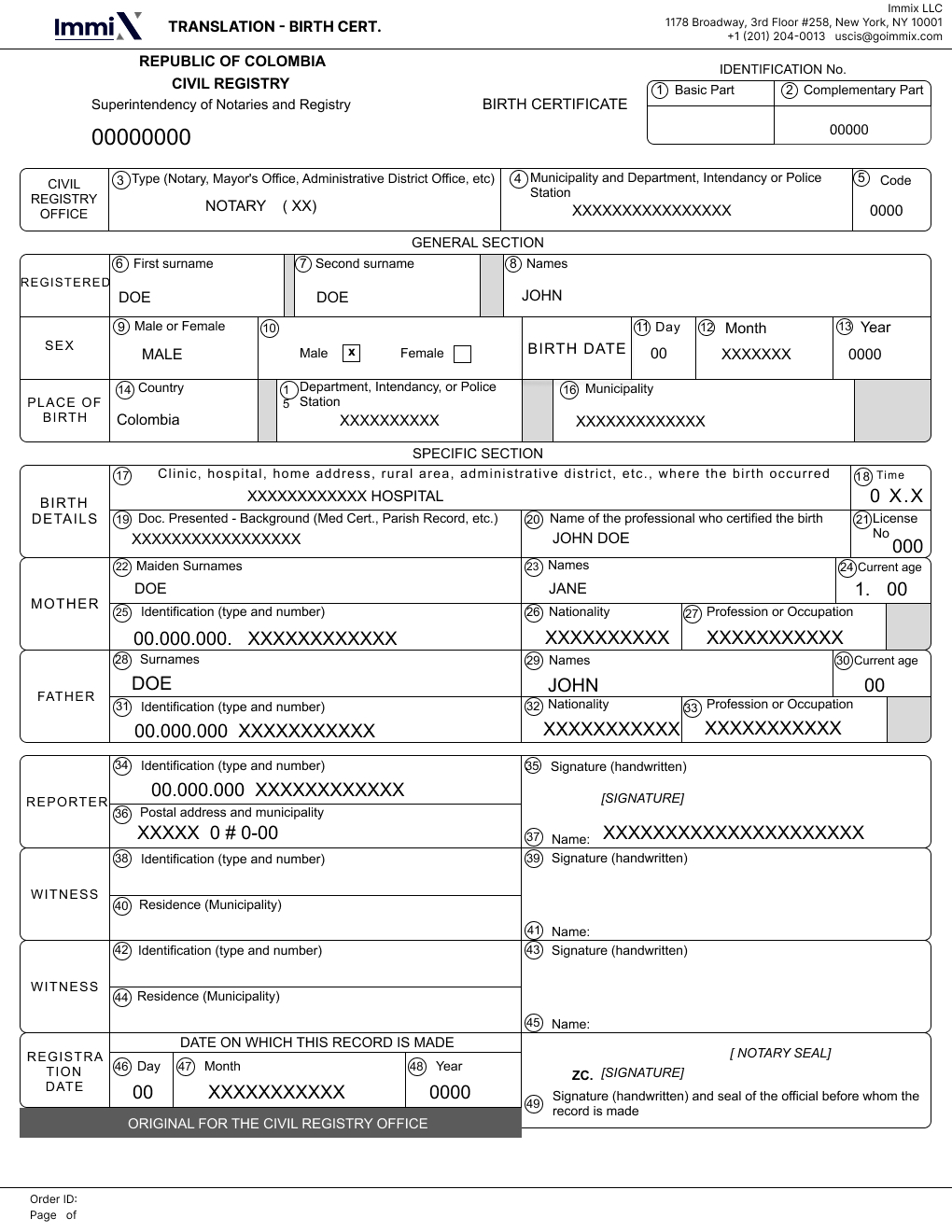 Colombia - Certificado de Nacimiento