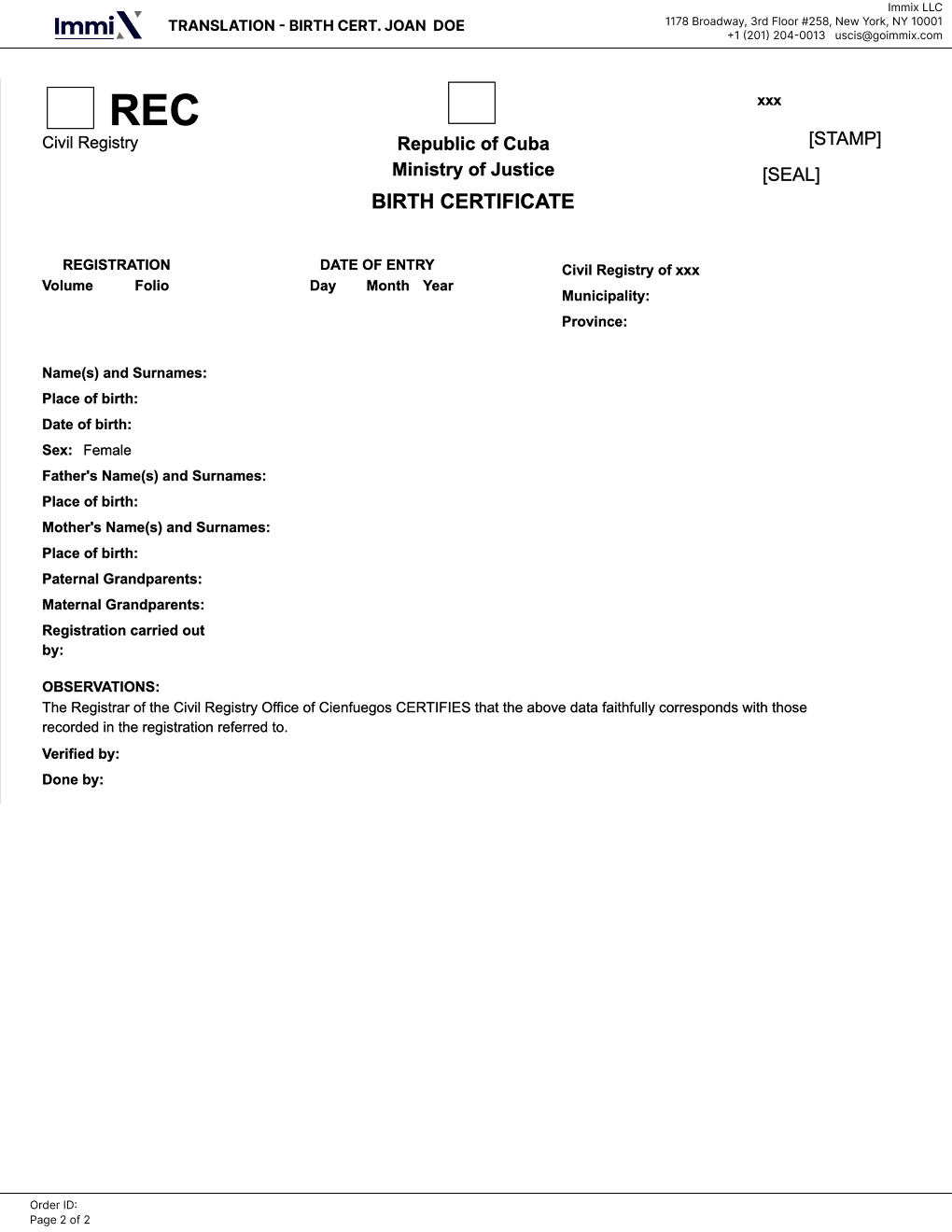 Cuba - Certificado de Nacimiento
