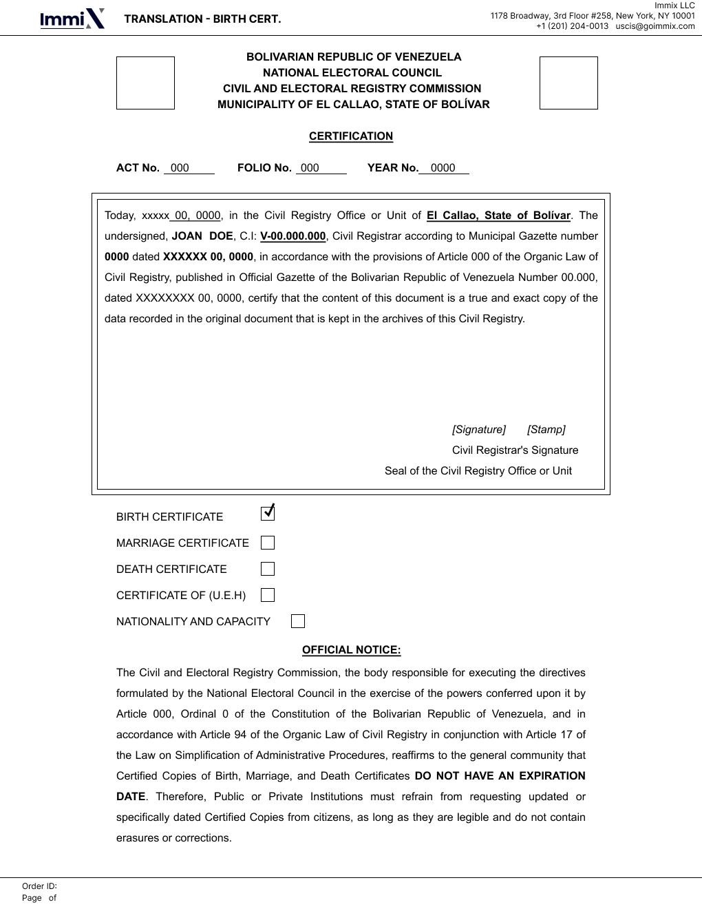 Venezuela - Certificación Acta de Nacimiento